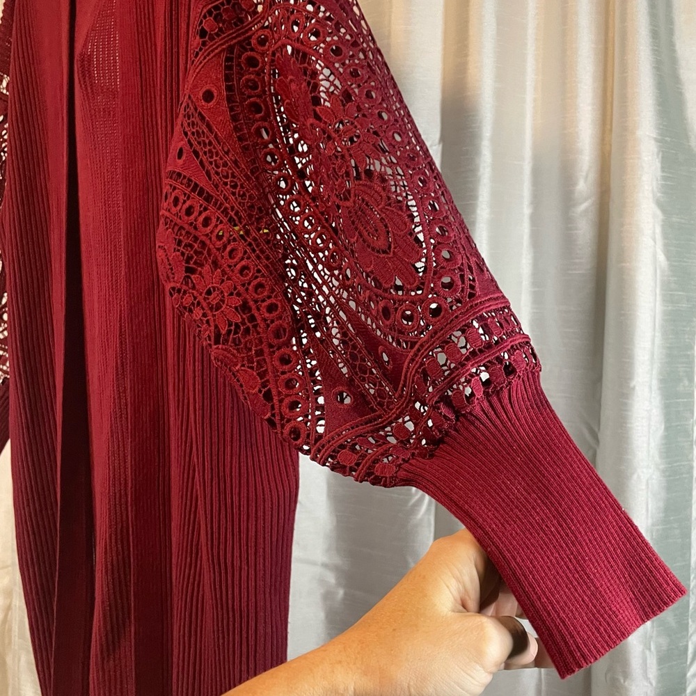 Boutique brand knee length open cardigan, size medium, Burgandy